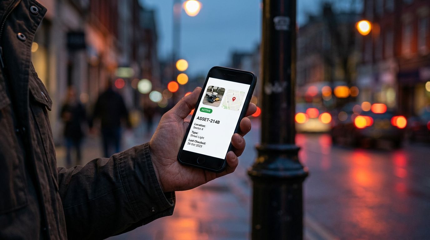 Celular con la ficha del activo frente a un poste