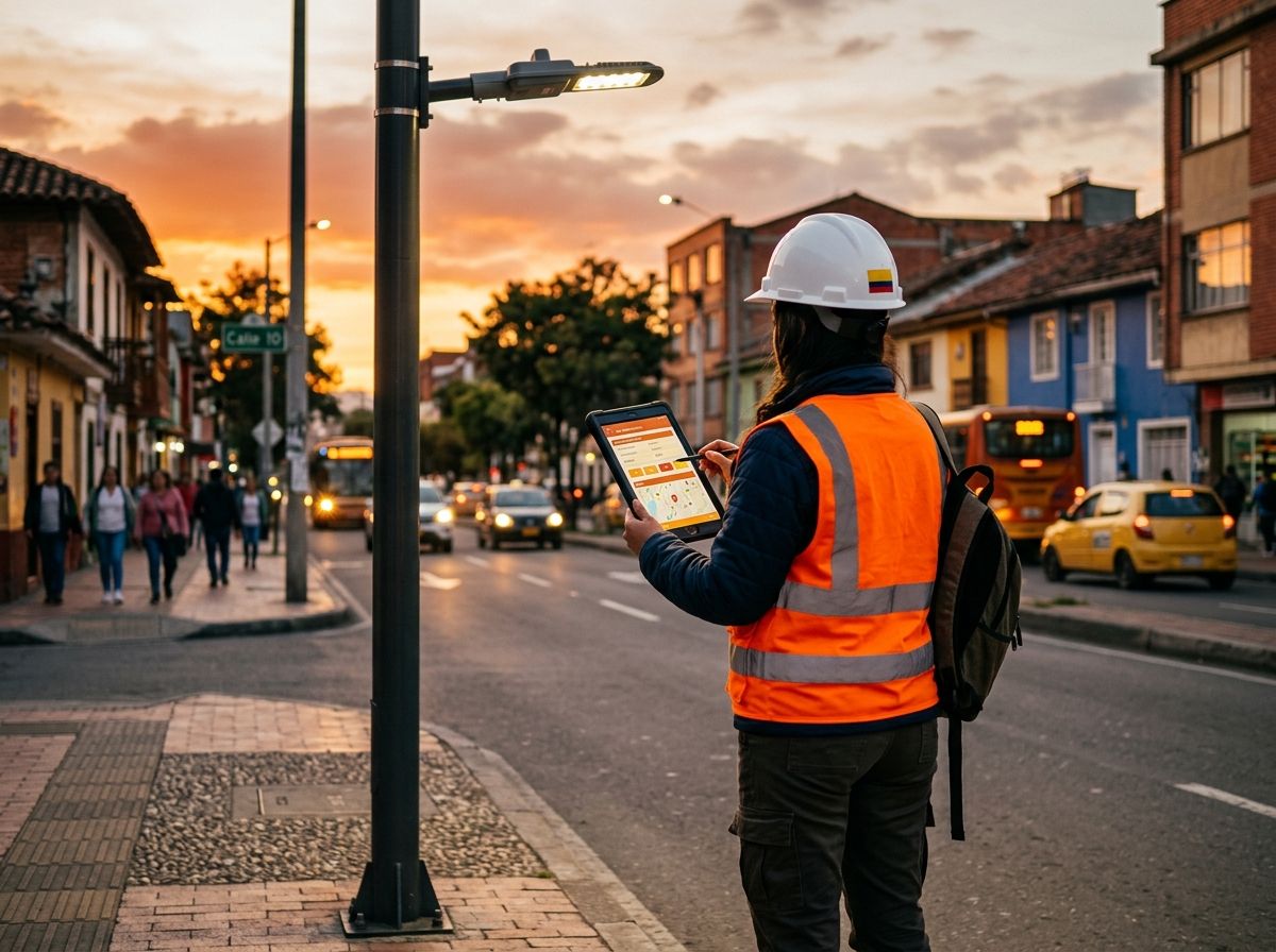 Ingeniero con tablet revisando una luminaria