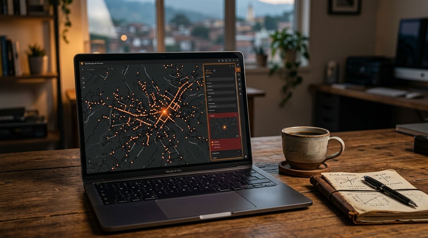 Mapa SIG de luminarias en un portátil